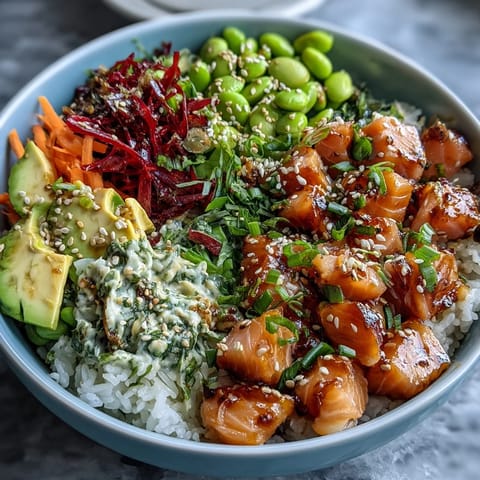 Bright Salmon Poke Bowl brimming with colorful fresh veggies, ready to enjoy.