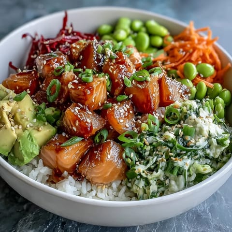 Vibrant Salmon Poke Bowl photo with creamy avocado and edamame toppings.