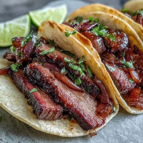 Tender smoked brisket tacos with vibrant pickled red onion and fresh cilantro.