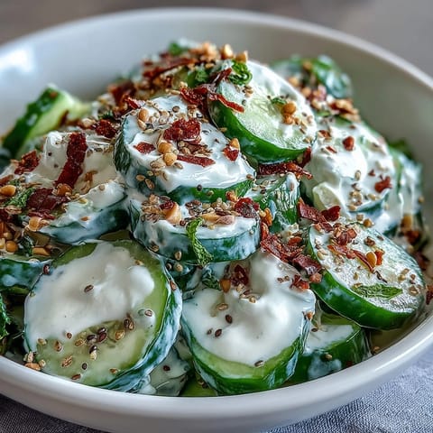 Crisp cucumbers coated in tangy cream cheese dressing, topped with savory seasoning.