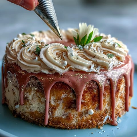 Showstopping pink Rosé Velvet Cake with creamy frosting and luxurious gold accents.