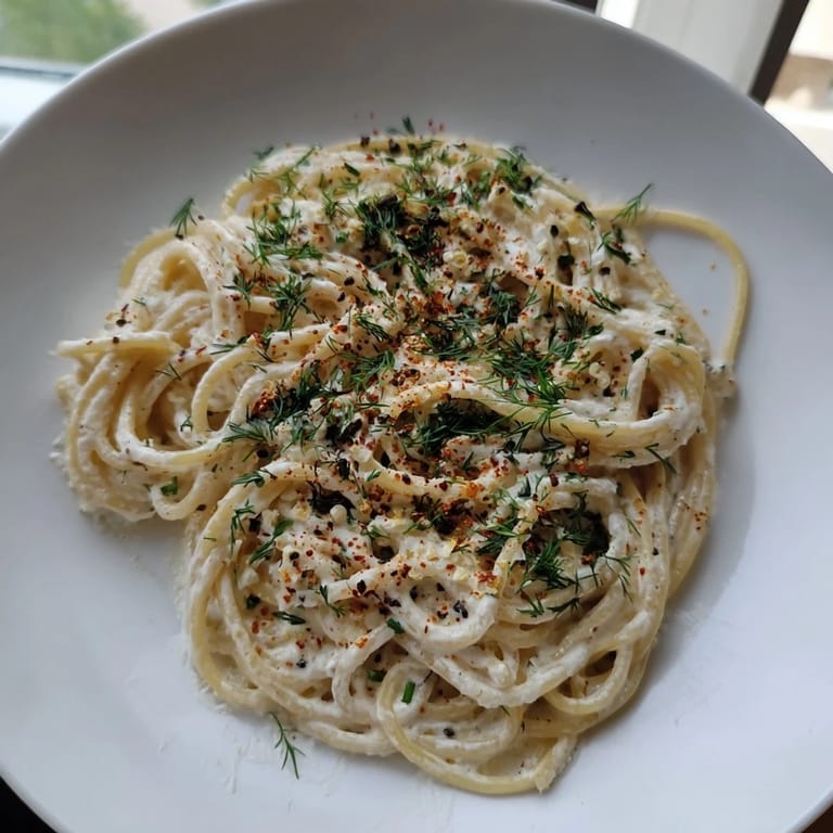 Enjoy the flavors of Turkish Yogurt Pasta, topped with spiced butter, ready to serve and savor.