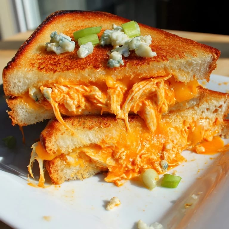 A close-up of a perfectly cooked Buffalo Chicken Grilled Cheese, showing the crispy bread and chicken filling.