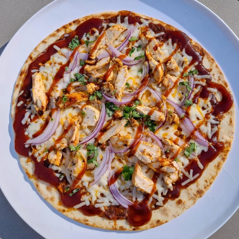 Golden, crispy-crust Chicken BBQ Pizza drizzled with barbecue sauce and garnished with fresh cilantro on a wooden board.