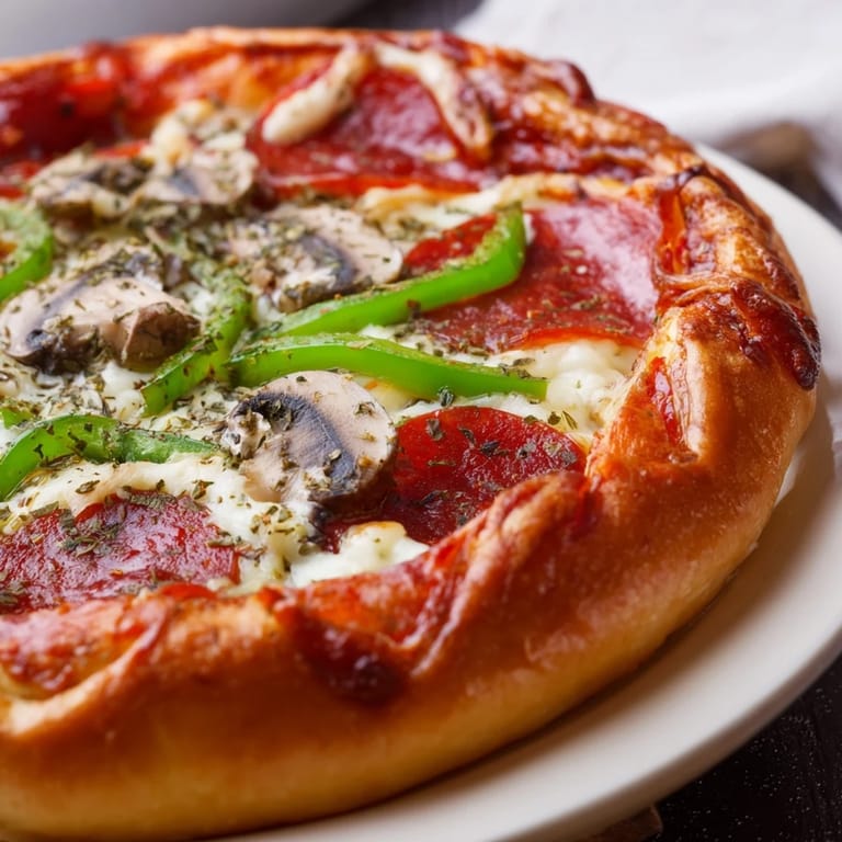 Homemade Stuffed Crust Pizza topped with bell peppers and mushrooms, served hot with a side of marinara dip.