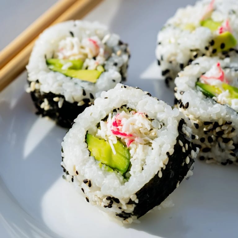 Rolled California Roll with nori-wrapped rice, crisp cucumber, and imitation crab, cut into bite-sized pieces ready for a sushi night main dish.