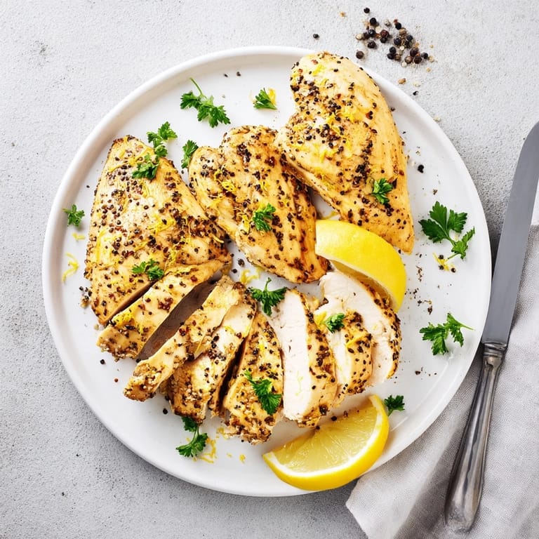 Sizzling Lemon Pepper Chicken breast cooking in a skillet, with visible black pepper specks and bright lemon zest in the pan.