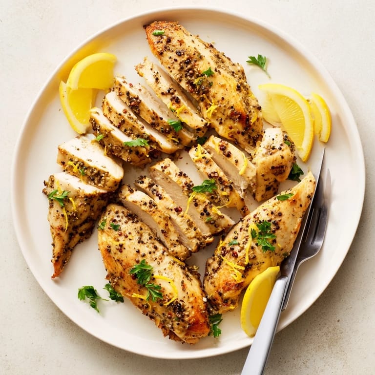 Sliced juicy Lemon Pepper Chicken served with roasted vegetables and a fresh green salad, ready for a weeknight family dinner.
