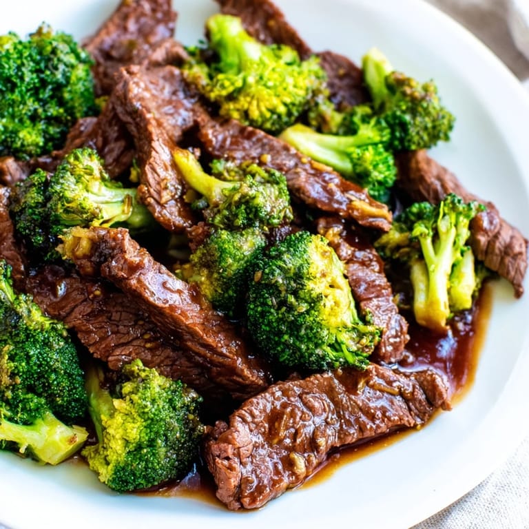 Freshly stir-fried beef and broccoli sizzling in a savory sauce, with a sprinkle of sesame seeds and sliced green onions on top.
