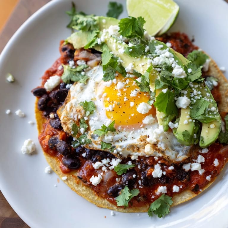 Warm corn tortillas layered with seasoned black beans, a fried egg, and a rich, simmered tomato sauce, finished with creamy avocado slices and tangy feta cheese for a hearty breakfast.