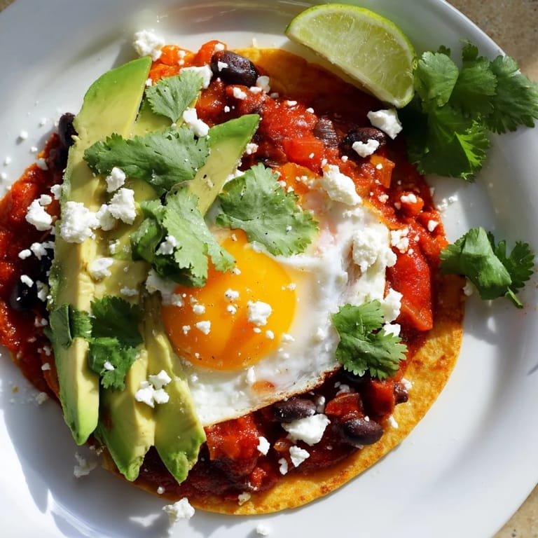 A rustic plate of Huevos Rancheros featuring golden fried eggs, a generous ladle of spicy tomato sauce, and fresh garnishes like avocado and cilantro, perfect for a classic Mexican breakfast.