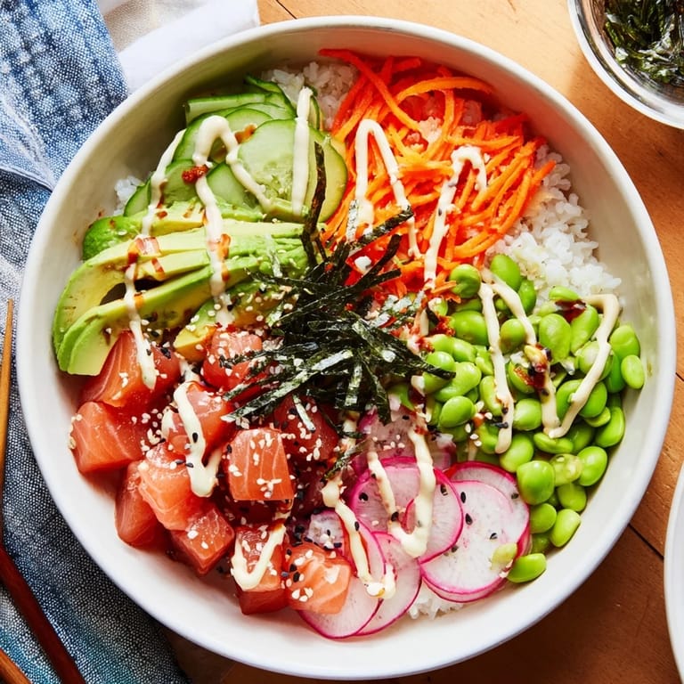 Overhead view of a colorful Poke Bowl featuring sushi-grade tuna, edamame, radishes, nori strips, and a drizzle of spicy mayo.