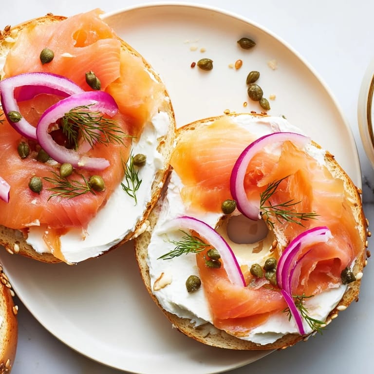 Golden toasted bagel halves generously layered with creamy spread, ready to serve with tomato and capers.