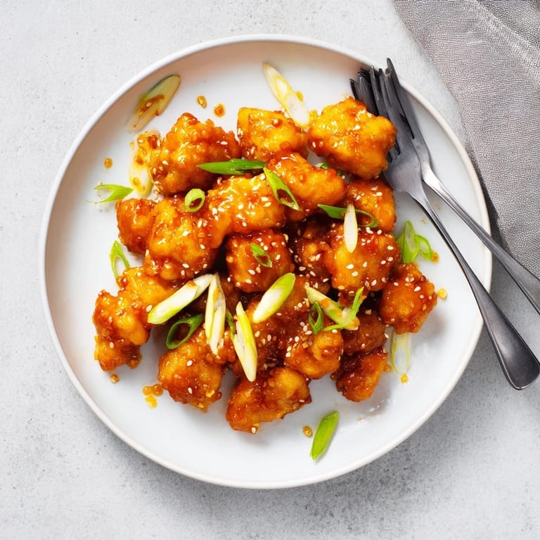 Homemade Orange Chicken arranged on a ceramic platter, showing tender meat inside a crispy crust, topped with bright orange zest and sesame seeds.