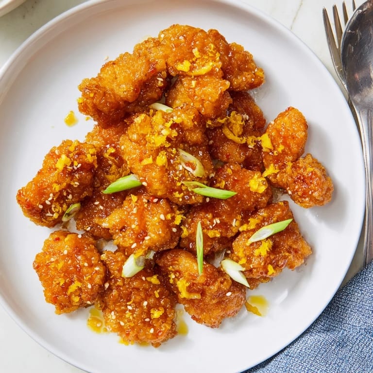 A close-up of crunchy battered Orange Chicken bites tossed in a vibrant, sticky citrus sauce, paired with fluffy white steamed rice and broccoli.