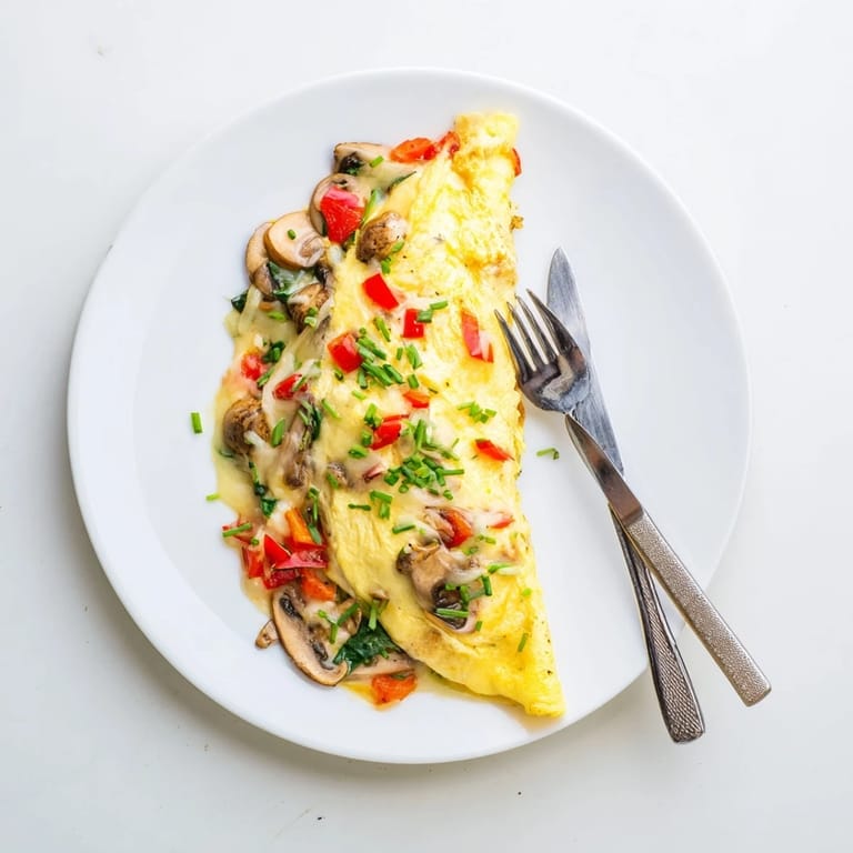 Hearty omelet with cheese and diced ham garnished with chives, served beside buttered toast for a classic American breakfast.