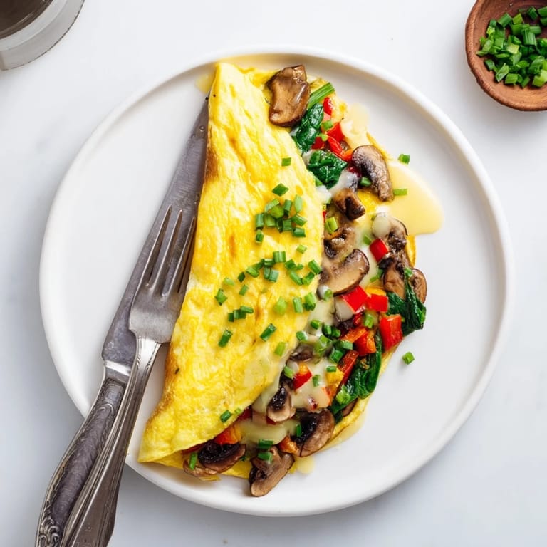 Bright vegetable-filled omelet with cheese featuring sautéed peppers, spinach, and mushrooms on a white ceramic plate.