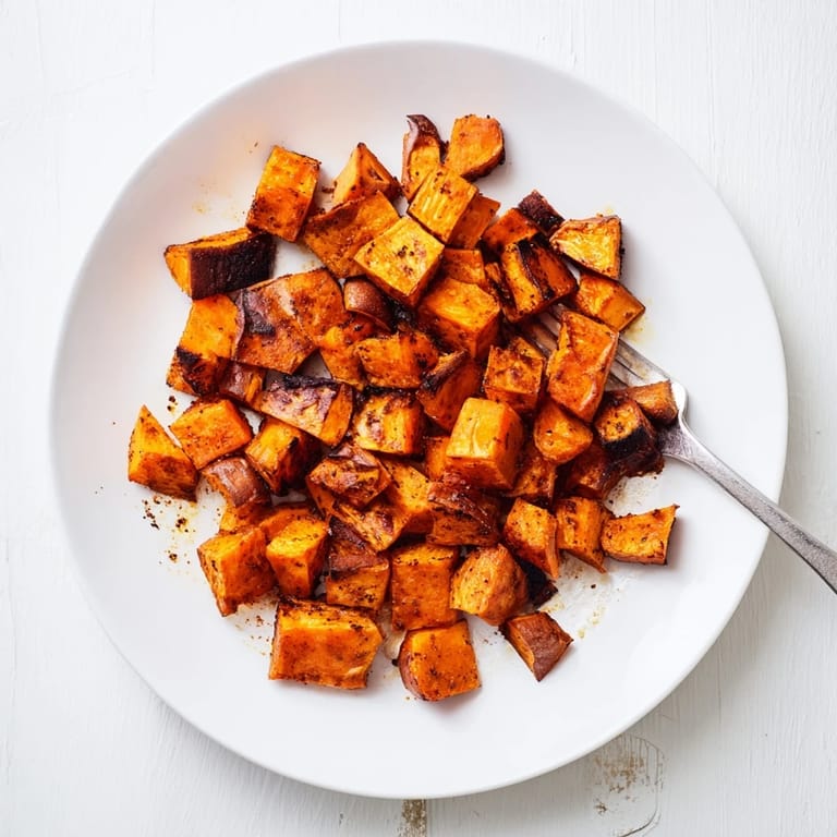 A close-up of Roasted Sweet Potatoes with smoky paprika, ready for a grain bowl or taco night.