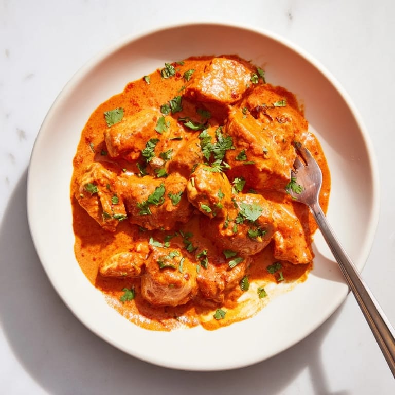 A close-up view of tender Chicken Tikka Masala simmering in a rich orange sauce, with a side of fluffy naan bread ready for dipping.