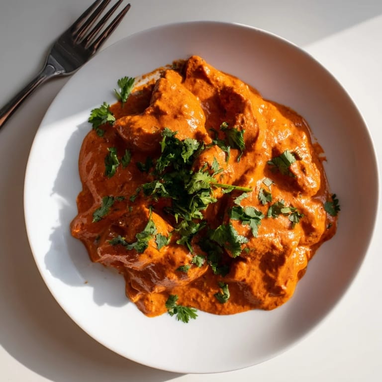 Family-style skillet of homemade Chicken Tikka Masala featuring charred chicken pieces in a velvety tomato-based gravy, garnished with bright green cilantro.