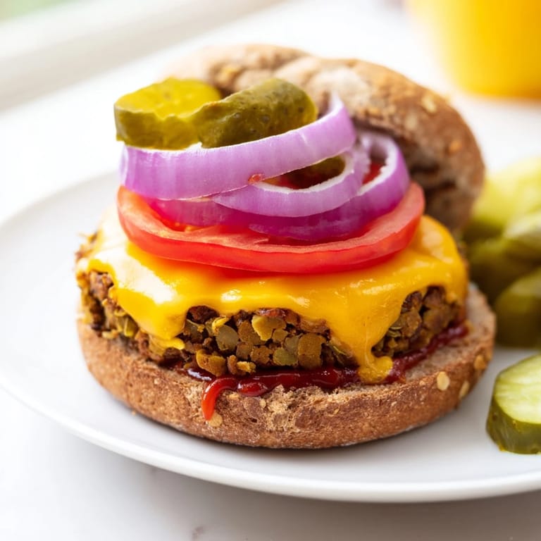 Fully assembled veggie burger with melted cheddar, crisp lettuce, and pickles on a toasted bun.