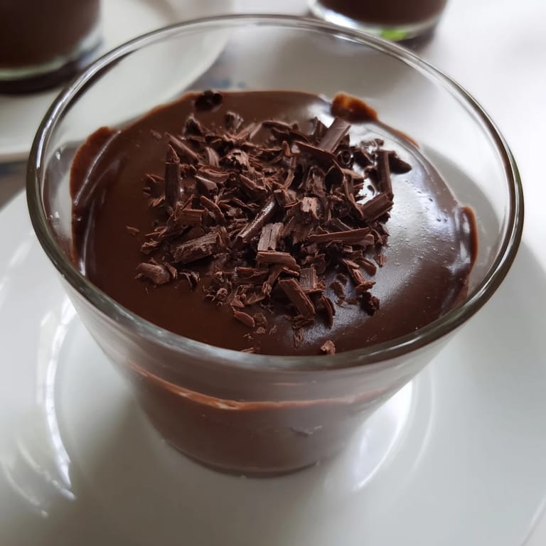Smooth chocolate pudding set in a small bowl, garnished with delicate chocolate shavings and a mint sprig.