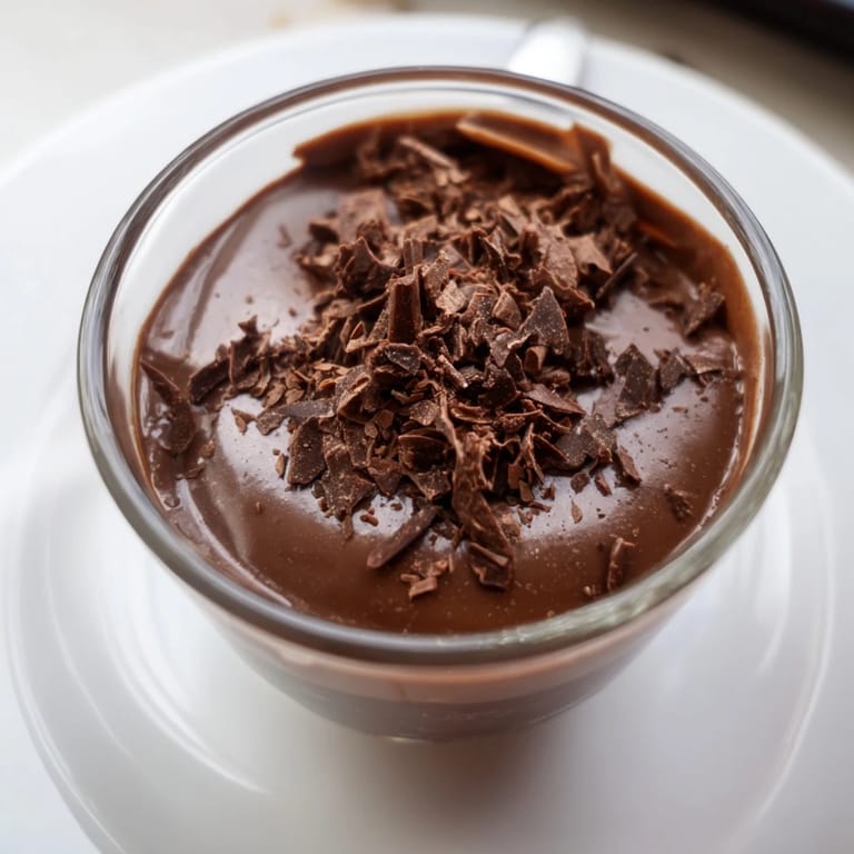 Decadent homemade chocolate pudding served chilled in a verrine, perfect for an elegant dinner party dessert.