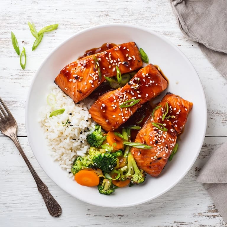Pan-seared Honey Garlic Salmon served hot with fluffy white rice.