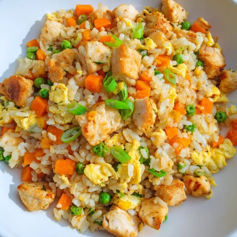 Hearty Chicken Fried Rice is served steaming hot from the wok, garnished with sliced scallions and a side of chili oil.