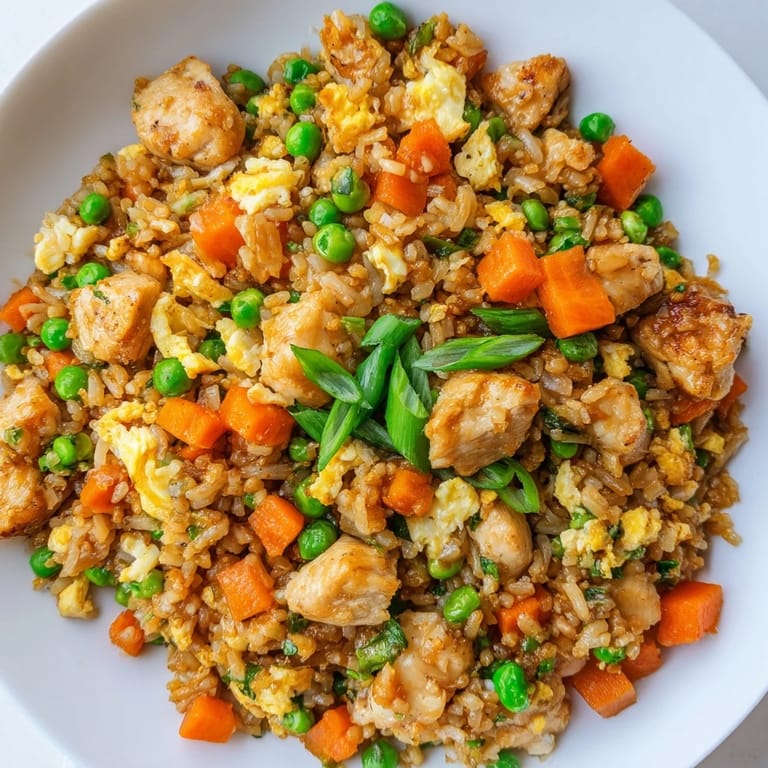Fluffy scrambled egg ribbons and tender peas are mixed into savory Chicken Fried Rice, perfect for a quick weeknight family dinner.
