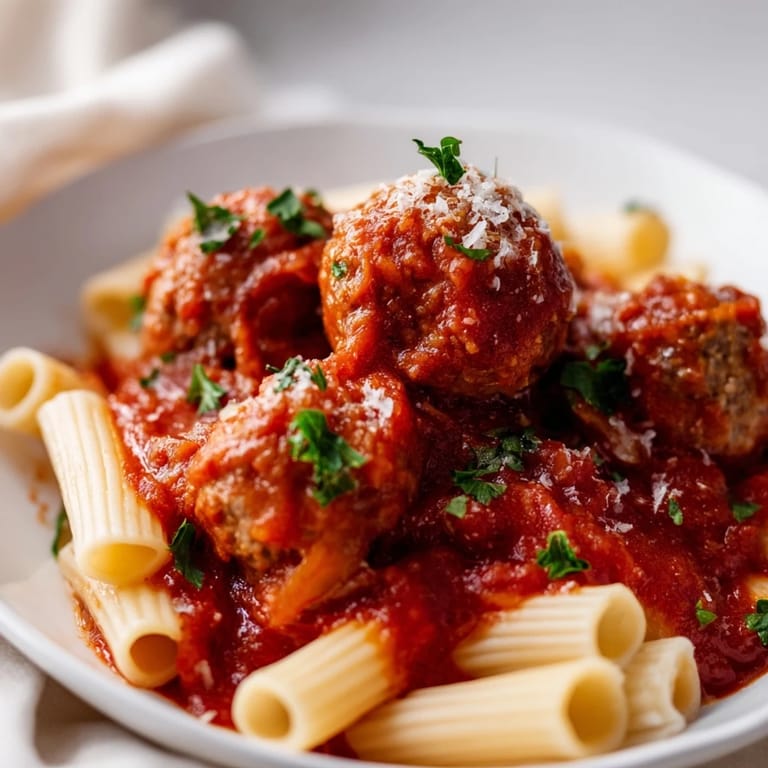 Moist, flavorful turkey meatballs coated in Italian-American tomato sauce, garnished with grated Parmesan and fresh basil on a cozy plate.