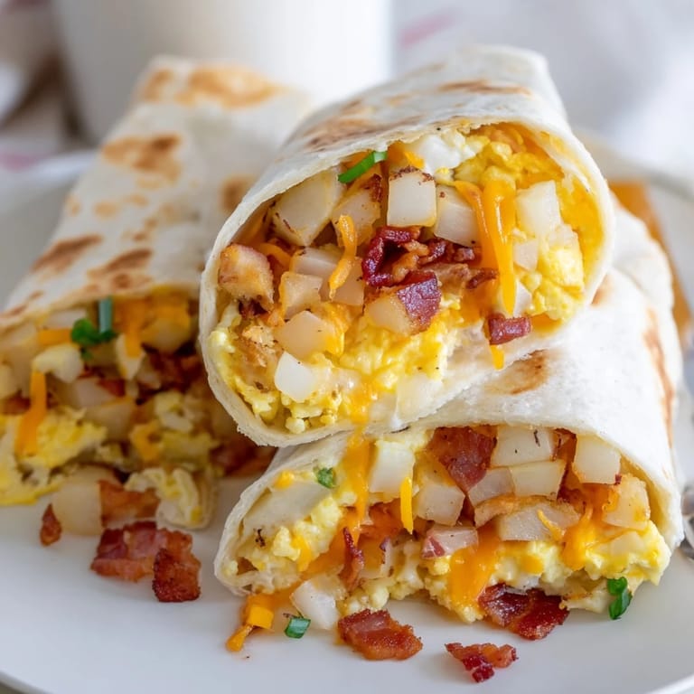 Large Breakfast Burrito sliced in half, revealing fluffy eggs, sausage, and melted cheese filling.