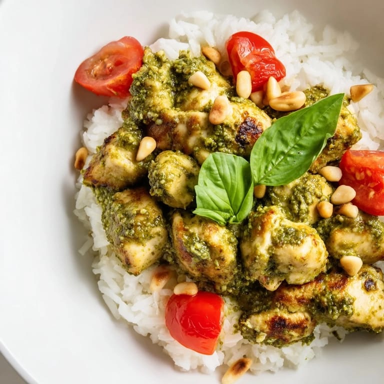 A close-up of tender chicken tossed in vibrant green basil pesto, mixed with juicy tomato chunks over fluffy rice.