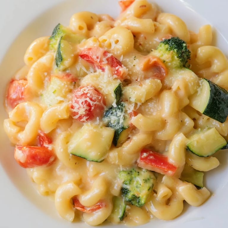 A close-up shot of creamy Roasted Veggie Mac & Cheese reveals melted mozzarella and golden cheddar clinging to roasted zucchini and onion pieces.
