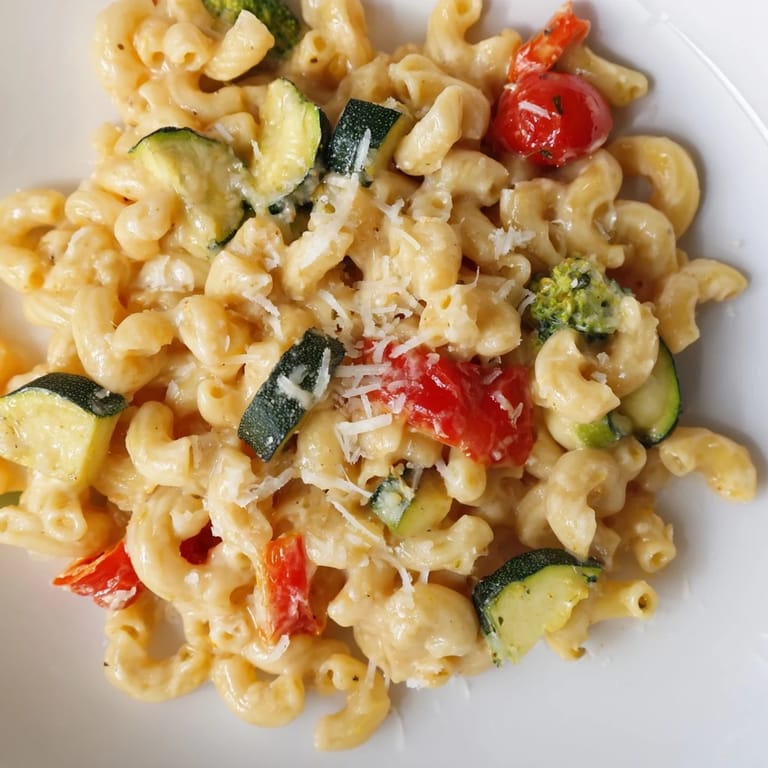 Freshly baked Roasted Veggie Mac & Cheese is served hot in a rustic dish, topped with extra Parmesan alongside a glass of crisp white wine.