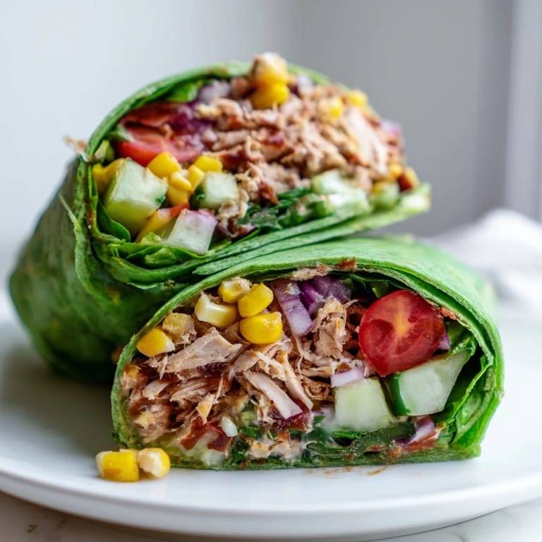 A hand holds a freshly rolled BBQ Chicken Salad Wrap with a toasted spinach tortilla, packed with corn, cucumbers, and red onion, ready for a quick lunch.