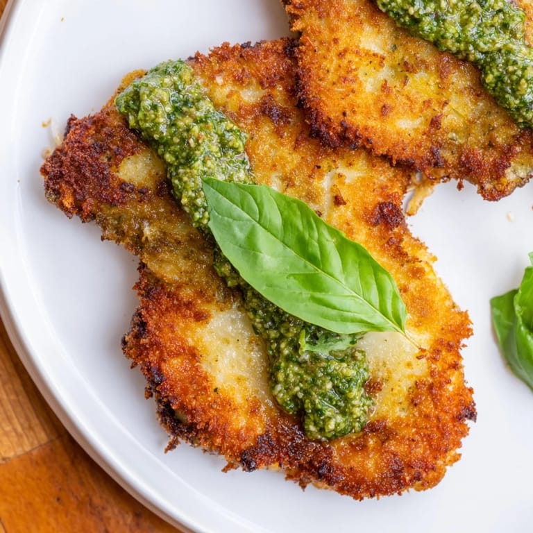 Juicy pan-fried pesto chicken cutlets on a white plate with a dollop of basil sauce, perfect for a weeknight dinner.