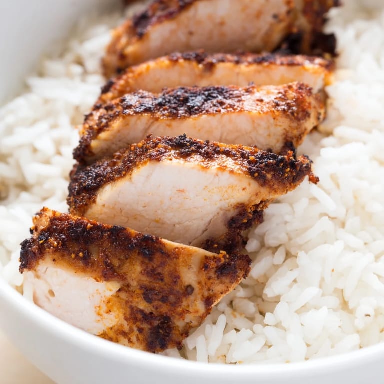 A hearty serving of spicy chicken burrito bowl with seasoned rice, black beans, corn, and avocado, ready to enjoy with your favorite salsa.