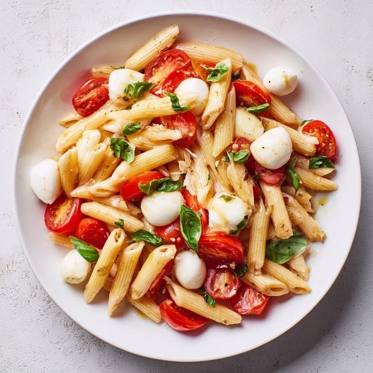 A vibrant bowl of Caprese Salad Pasta features fusilli twists, glistening olive oil, and a sweet drizzle of balsamic glaze, perfect for a quick, refreshing vegetarian lunch.