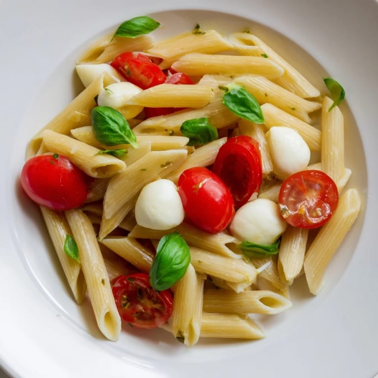 Torn basil leaves and mozzarella pearls nestle in a colorful bowl of Caprese Salad Pasta, served cold as a light main dish with freshly ground black pepper.