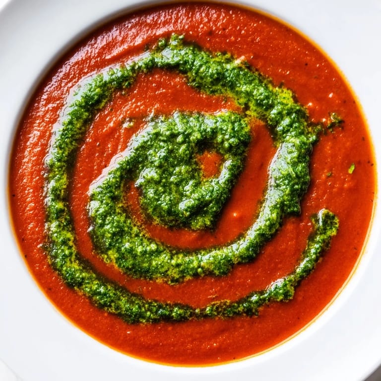 Creamy Tomato Soup with Basil Pesto Swirl served alongside a golden grilled cheese sandwich for dipping.  
