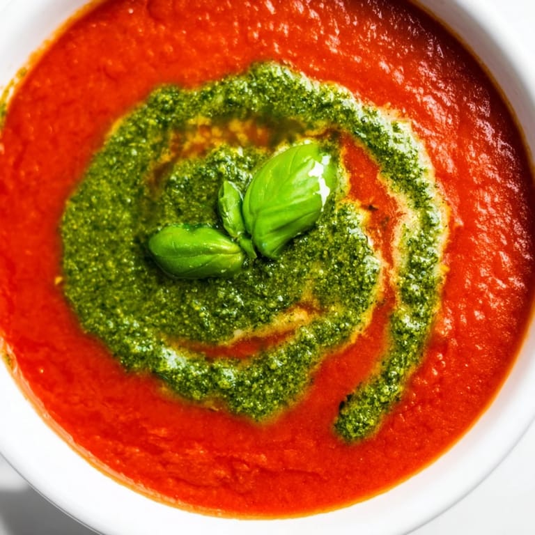 Steaming bowl of homemade Tomato Soup with Basil Pesto Swirl, garnished with fresh basil leaves and pepper.