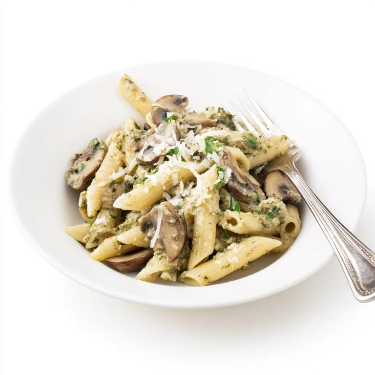 Golden mushroom pesto pasta tossed in a creamy sauce, perfect for a quick vegetarian dinner.