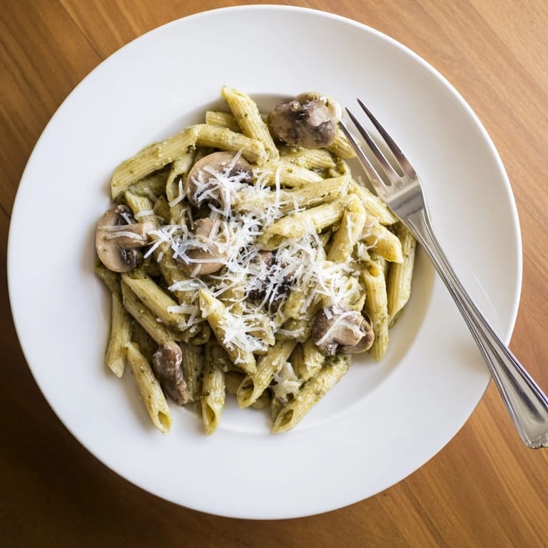 Savory mushroom pesto pasta served hot with grated Parmesan and a glass of white wine.  