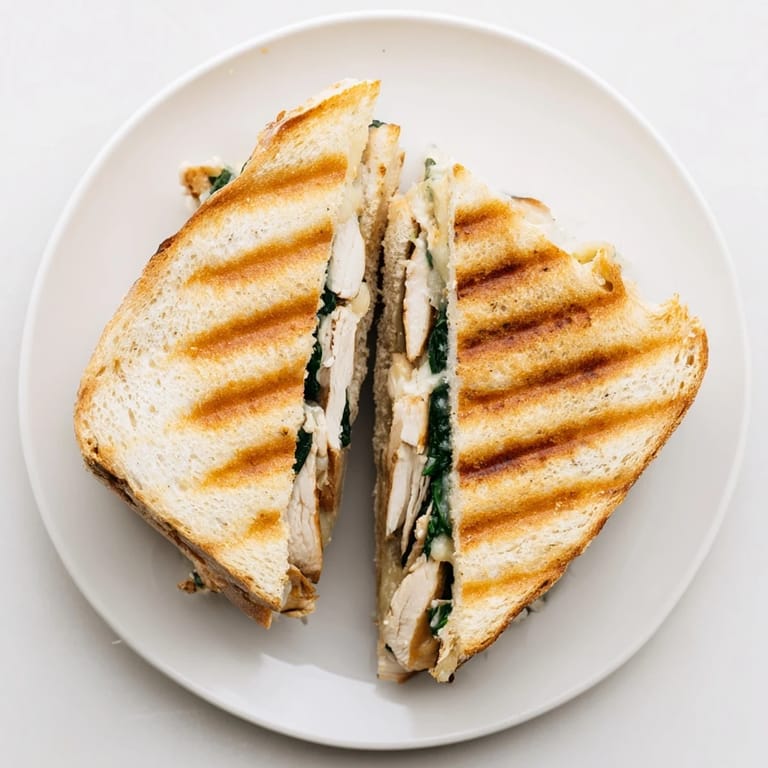 Juicy grilled chicken, spinach, and Parmesan in a golden, garlic-butter toasted Grilled Chicken Spinach Panini.