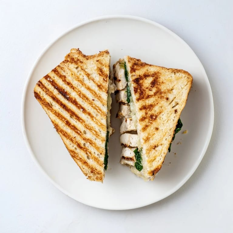 A Grilled Chicken Spinach Panini with tender chicken, fresh spinach, and melted cheese, pressed to golden perfection.