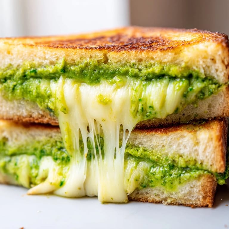 A close-up of the Spring Pea Pesto Grilled Cheese shows melted cheese oozing onto a plate, paired with a side of fresh arugula.  