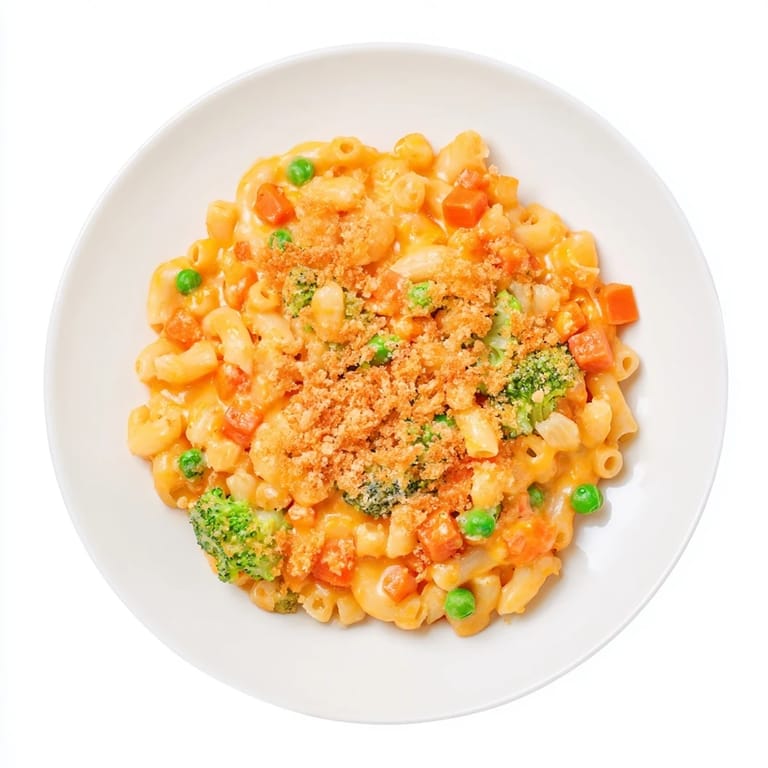 A fork lifts a cheesy bite of Garden Veg Mac and Cheese with peas, broccoli, and diced carrots from a ceramic dish.