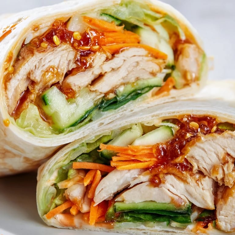 Overhead view of a sliced Honey Chili Crunch Chicken Wrap showing layers of romaine, cucumber, shredded carrot, and glazed chicken.