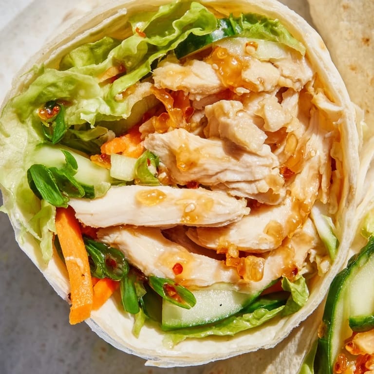 A handheld Honey Chili Crunch Chicken Wrap with glossy chili honey sauce drizzled over tender chicken and crisp vegetables.